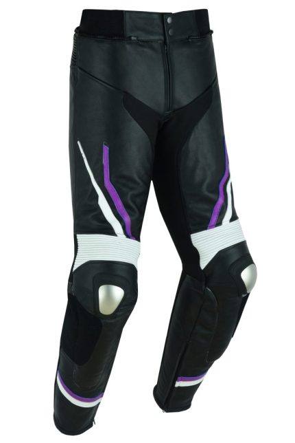 PANTALÓN MUJER DE PIEL CON PROTECCIONES / JF 17 P - NEGRO/BLANCO/LILA MORADO