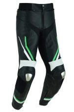 PANTALÓN DE CUERO PARA MOTORISTA CON PROTECCIONES DE TITANIO JF 17 P - NEGRO/BLANCO/VERDE