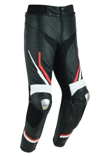 PANTALÓN DE CUERO PARA MOTORISTA CON PROTECCIONES DE TITANIO JF 17 P – NEGRO/BLANCO/ROJO